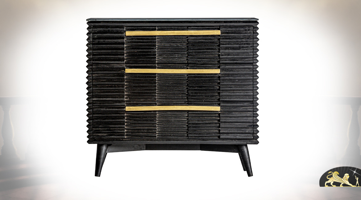 Commode 3 tiroirs en bois de manguier massif, effet plissé avec plateau en marbre noir profond, 100cm