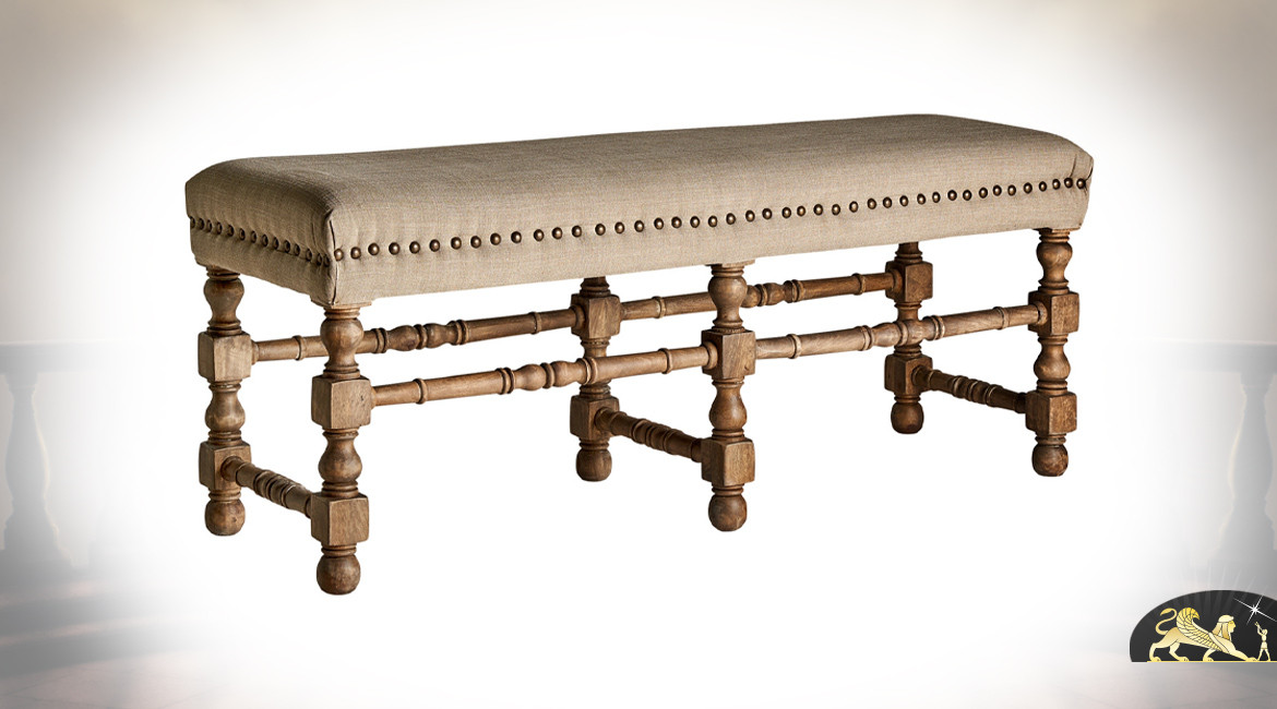 Bout de lit en bois de manguier massif sculpté, avec assise habillée de lin, effet feston avec clous dorés, 130cm