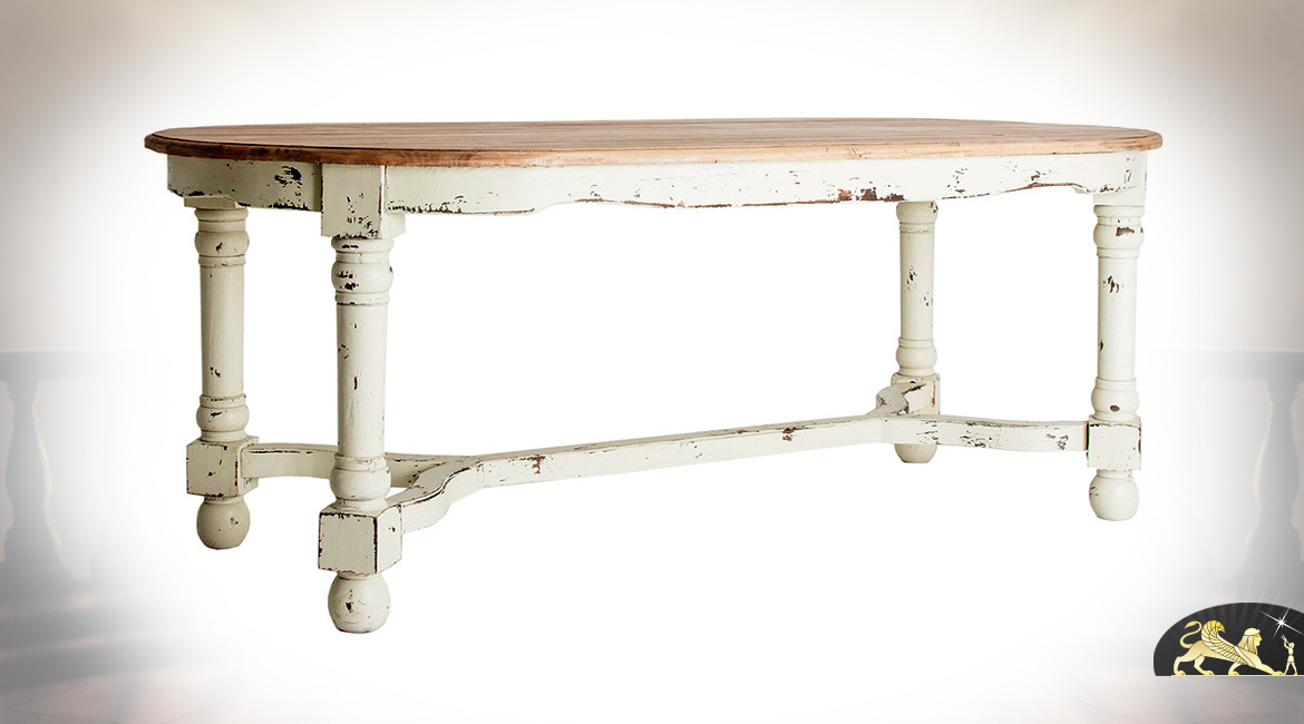 Table de salle à manger en pin recyclé de forme ovale, finition blanc antique et plateau naturel, 200cm