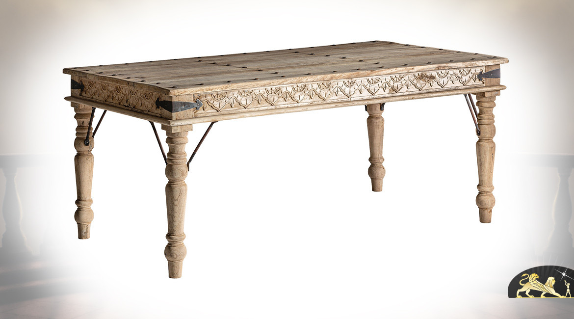 Table de salle à manger en bois de manguier sculpté, finition claire, ambiance maison de campagne, 180cm