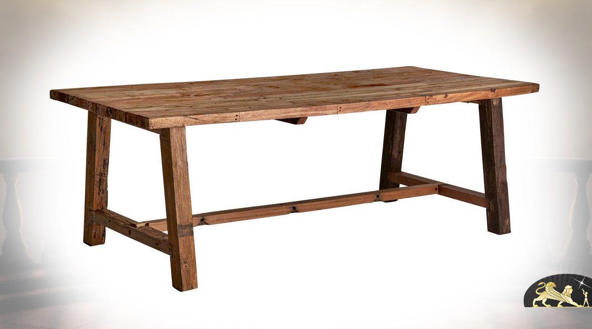 Table rustique en bois de mahogany massif, richement texturée, finition brut naturel, 220cm