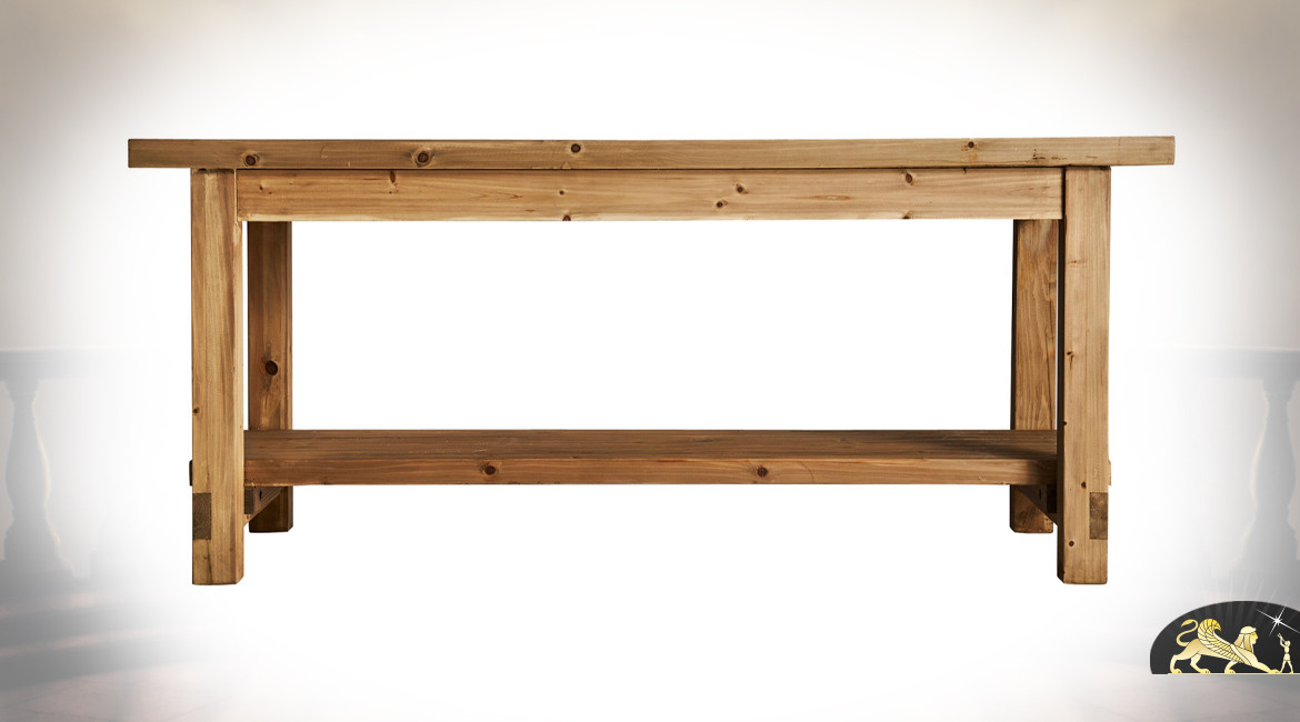 Table de cuisine en bois d'orme massif, avec étagère basse, ambiance rustique, 180cm