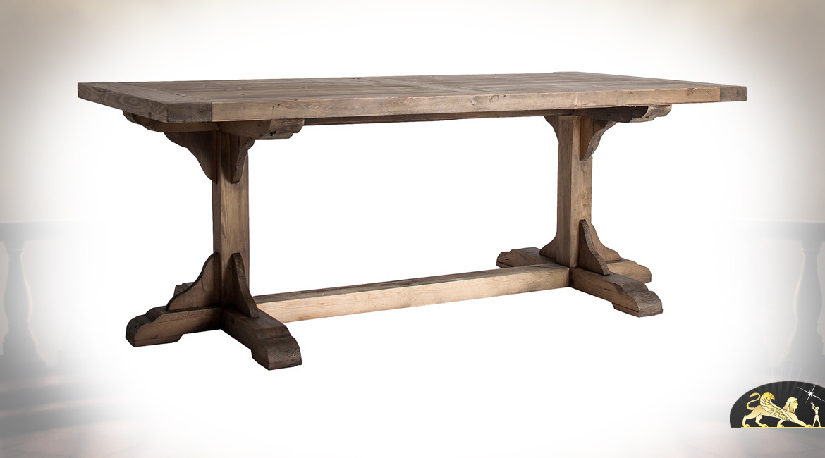 Table de salle à manger style monastère en bois de pin recyclé, forme rectangulaire, finition brut, 200cm