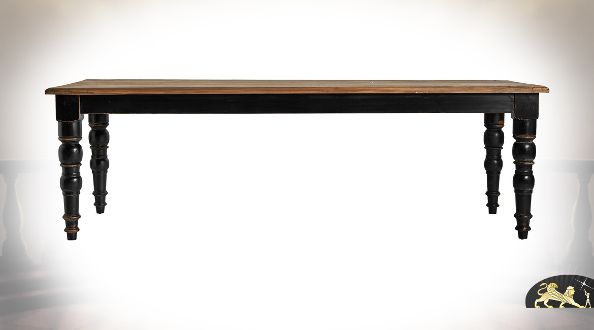 Table de salle à manger en bois d'orme massif, finition naturel et charbon vieilli, 250cm