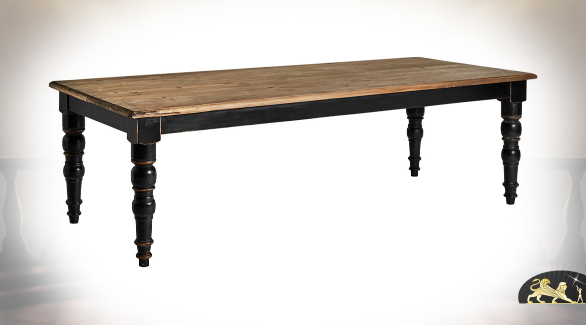 Table de salle à manger en bois d'orme massif, finition naturel et charbon vieilli, 250cm