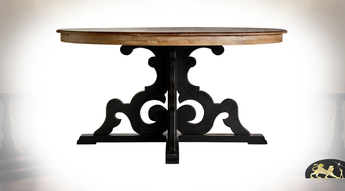 Table de salle à manger ronde en bois de manguier, pieds sculptés de formes baroques, Ø150cm