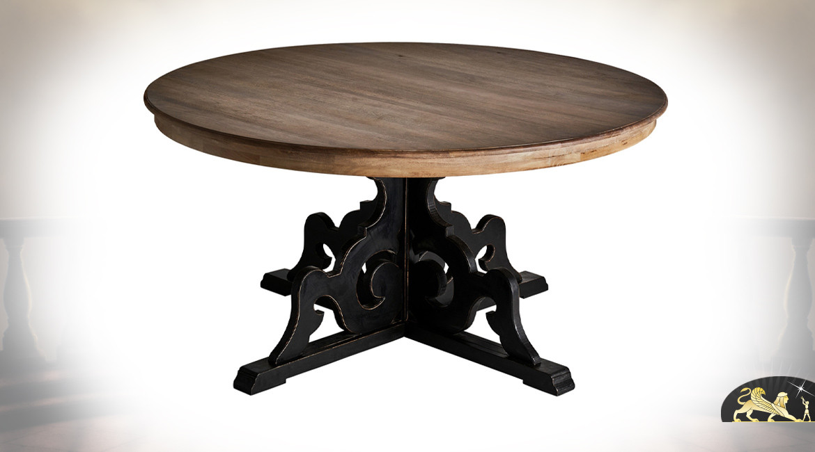 Table de salle à manger ronde en bois de manguier, pieds sculptés de formes baroques, Ø150cm