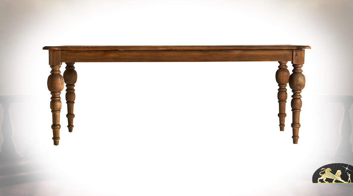 Table de salle à manger en bois d'orme massif, pieds sculptés effet globes, ambiance rustique chic, 200cm