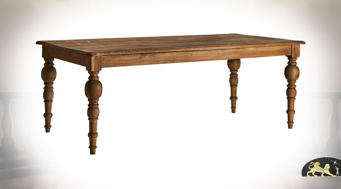 Table de salle à manger en bois d'orme massif, pieds sculptés effet globes, ambiance rustique chic, 200cm
