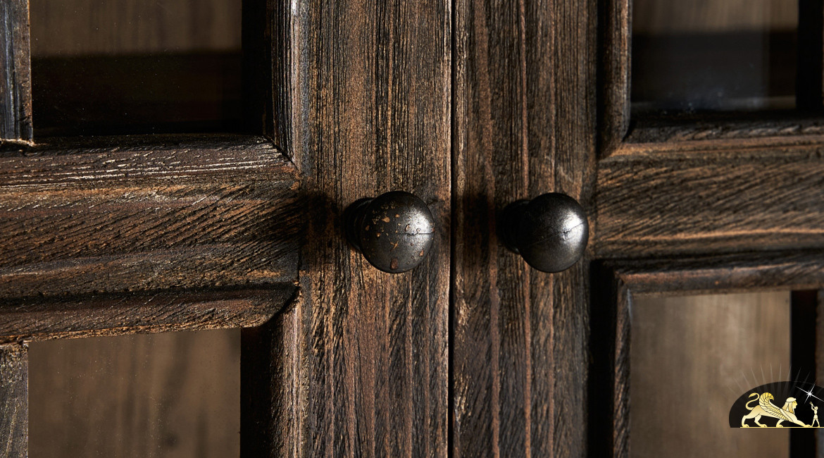 Vitrine à 2 portes en bois d'orme vieilli, 4 niveaux intérieurs, ambiance rustique, 210cm