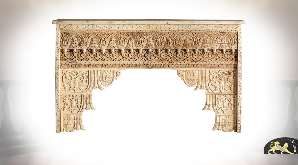 Console en teck massif de style oriental, entièrement sculptée à la main, pièce unique, 150cm
