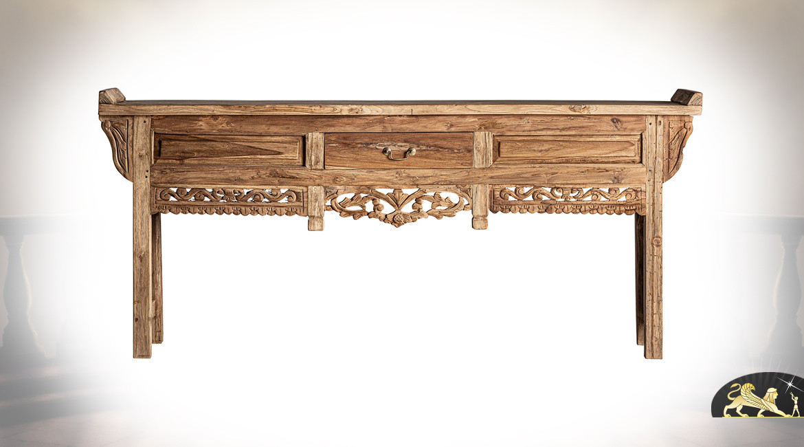 Grande console en bois de teck massif entièrement sculptée à la main, style oriental, pièce unique, 200cm