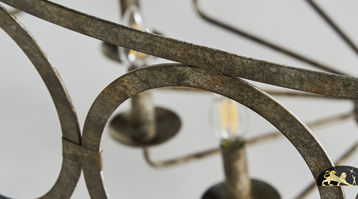 Grande suspension contemporaine en métal vieilli, 12 feux, formes circulaires imbriquées, Ø122cm