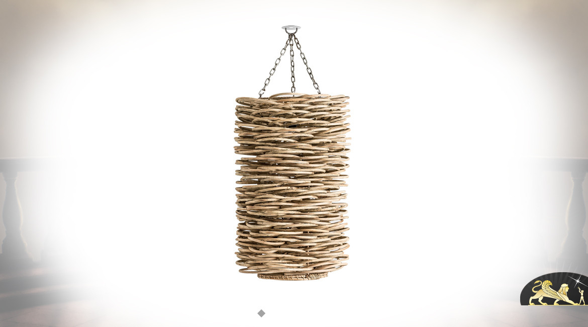 Suspension cylindrique en rotin véritable esprit lanterne, de style rustique chic, Ø42cm