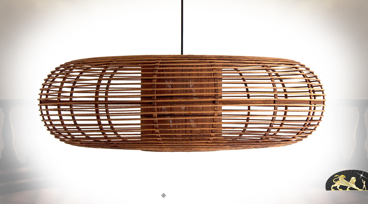 Suspension ronde en rotin brut et bambou, style moderne nature, Ø64cm