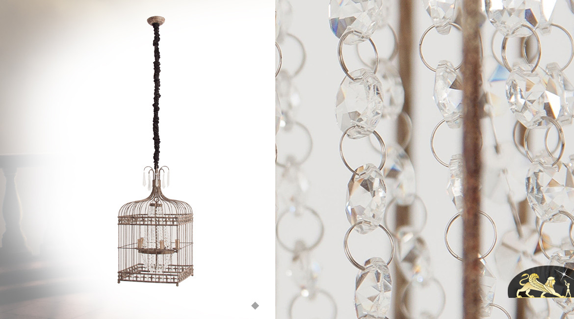 Lustre cage en métal oxydé et pendeloques de verre cristallin, ambiance classique chic, 5 feux, Ø42cm / 80cm
