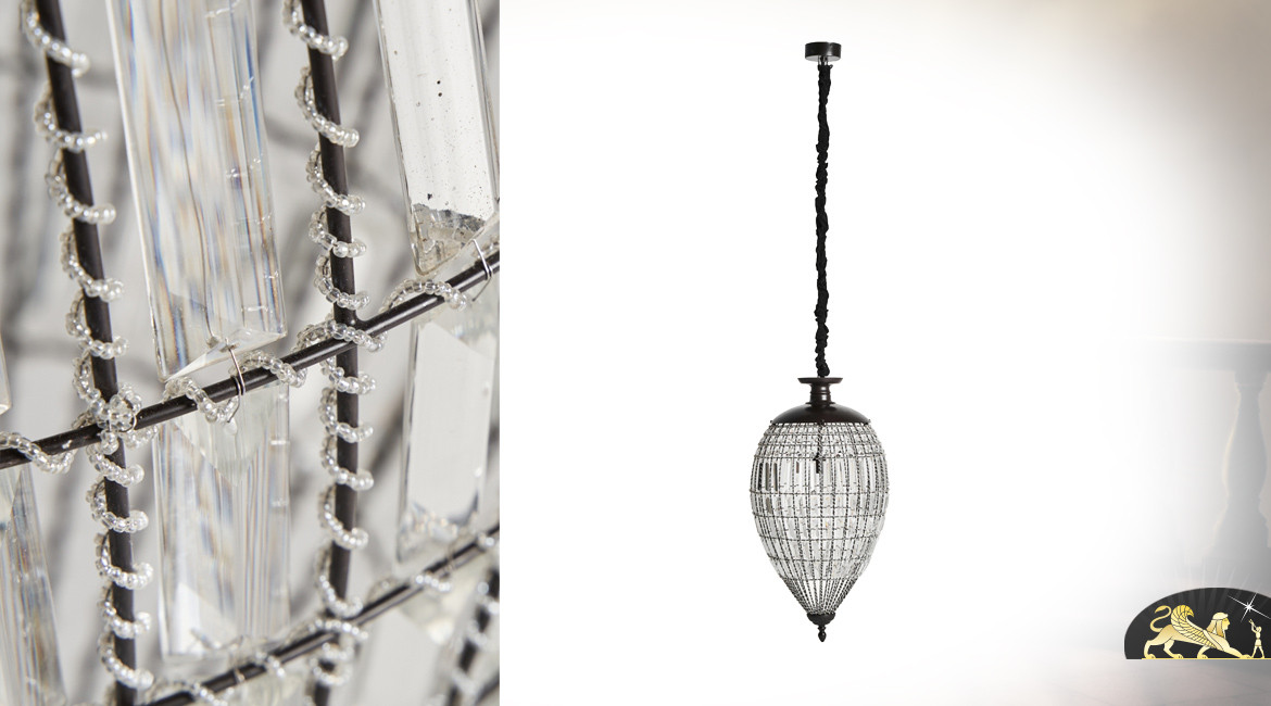 Grande suspension en métal et pampilles de verre, style contemporain chic, Ø46cm / 80cm