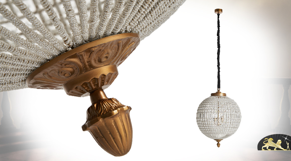 Grand lustre globe à 3 feux en laiton et pampilles de verre de style Art Déco, Ø64cm / 86cm
