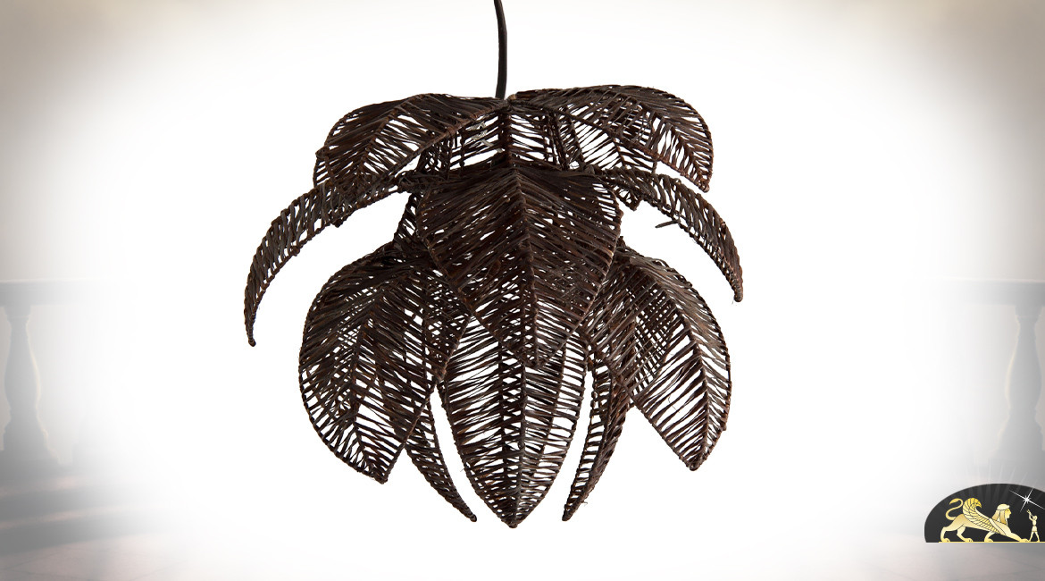 Grande suspension en rotin finition brun, forme de feuilles entrelacées, Ø70cm