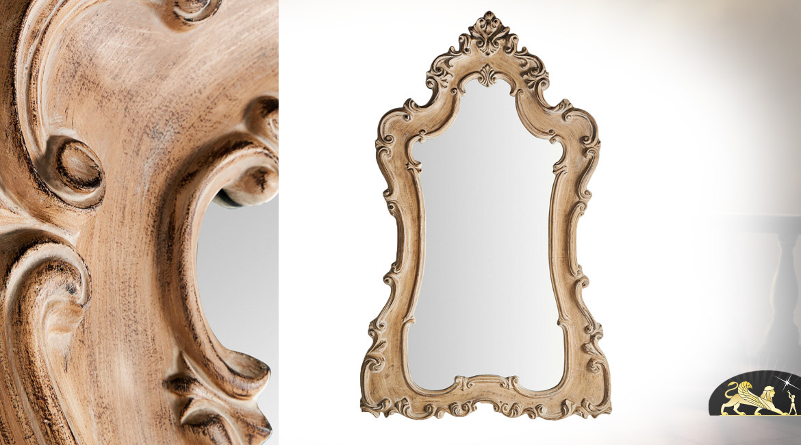 Grand miroir de style baroque en résine finition effet bois clair, 199cm