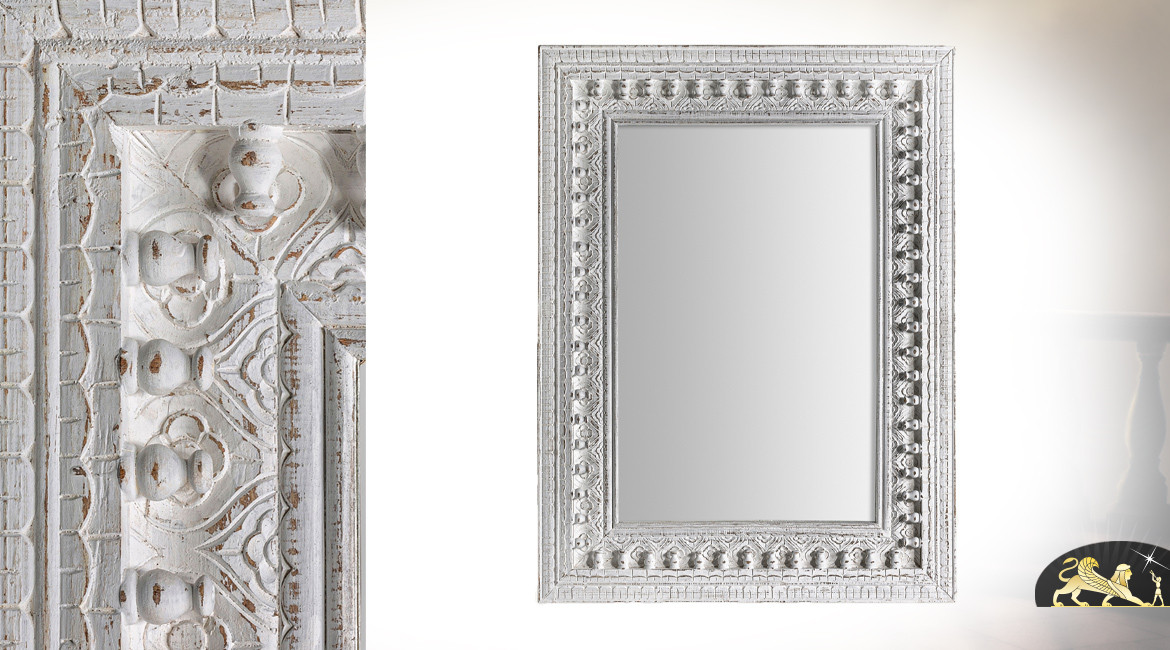 Miroir en bois de teck finition blanc décapé, fabrication artisanale esprit indien, 121cm
