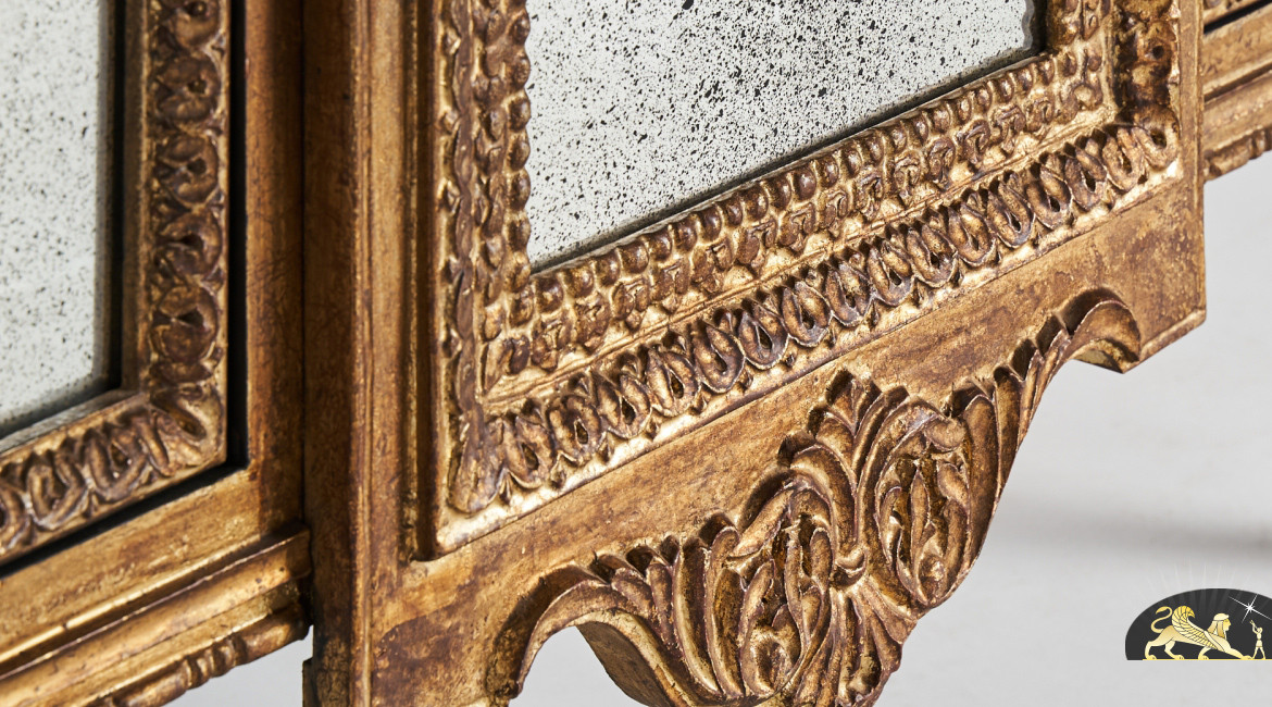 Buffet en bois de manguier style Louis XV finition vieux doré, miroirs mouchetés, 120cm