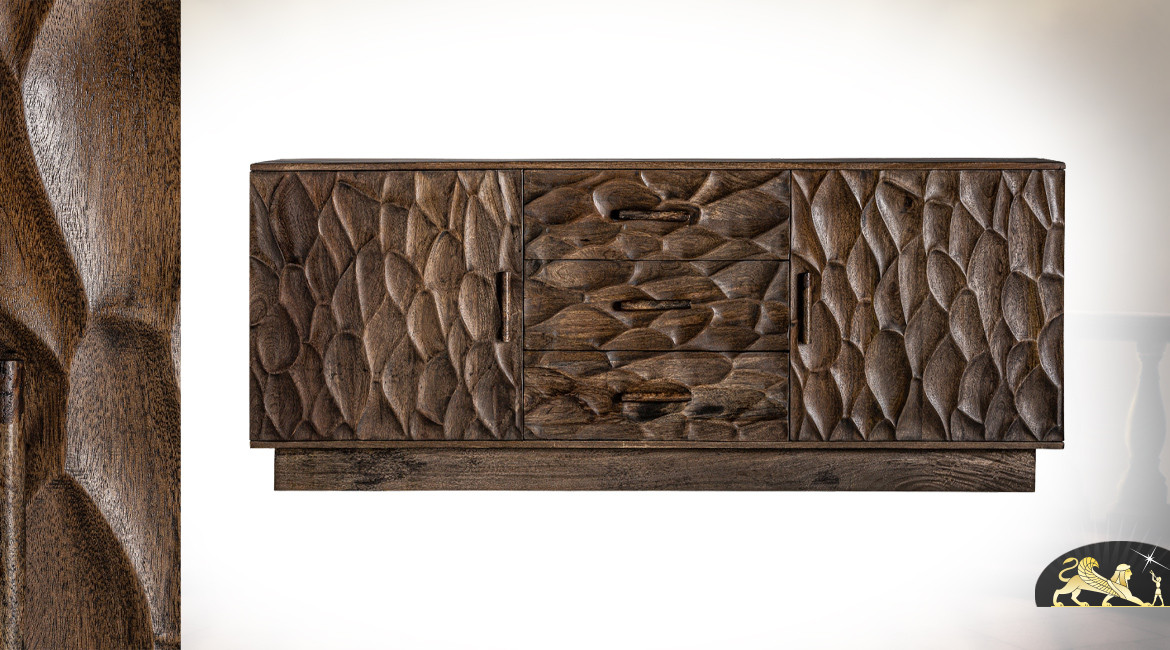 Buffet chalet moderne en bois de manguier finition vieilli, 2 portes et 3 tiroirs, 180cm