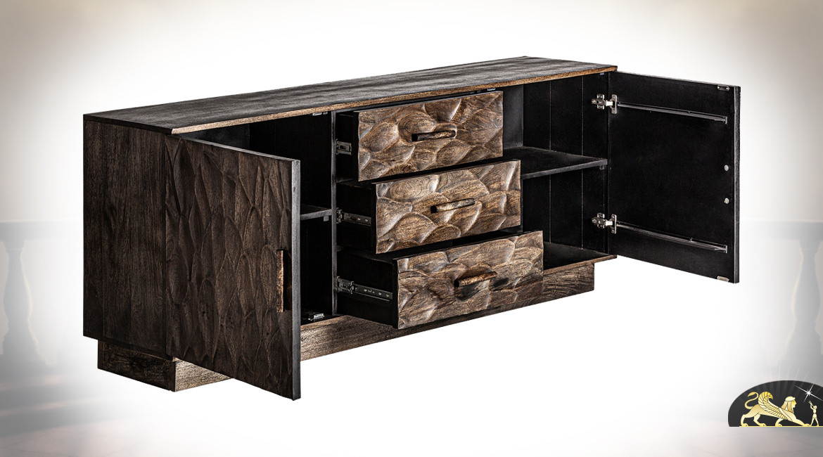 Buffet chalet moderne en bois de manguier finition vieilli, 2 portes et 3 tiroirs, 180cm