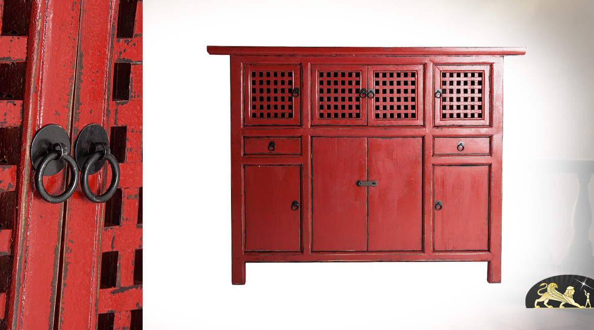Meuble de rangement compartimenté de style indien, finition rouge vieilli, 144cm