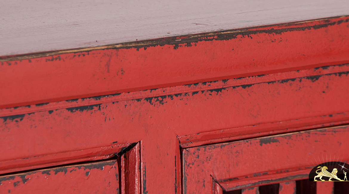 Meuble de rangement compartimenté de style indien, finition rouge vieilli, 144cm