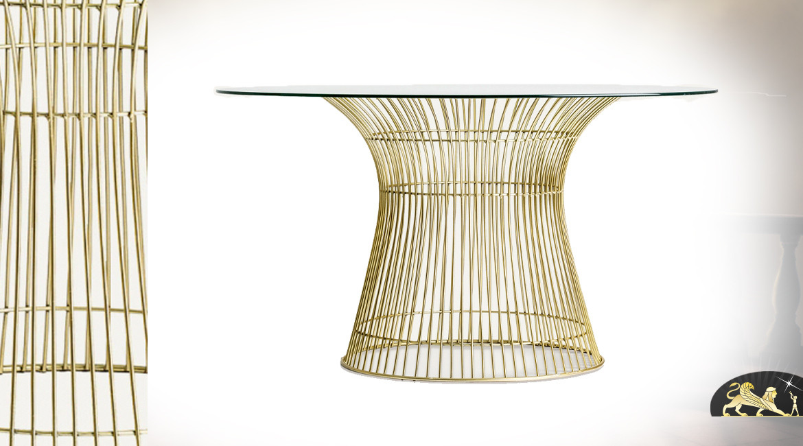 Table ronde en métal finition doré et verre transparent, style contemporain, Ø130cm