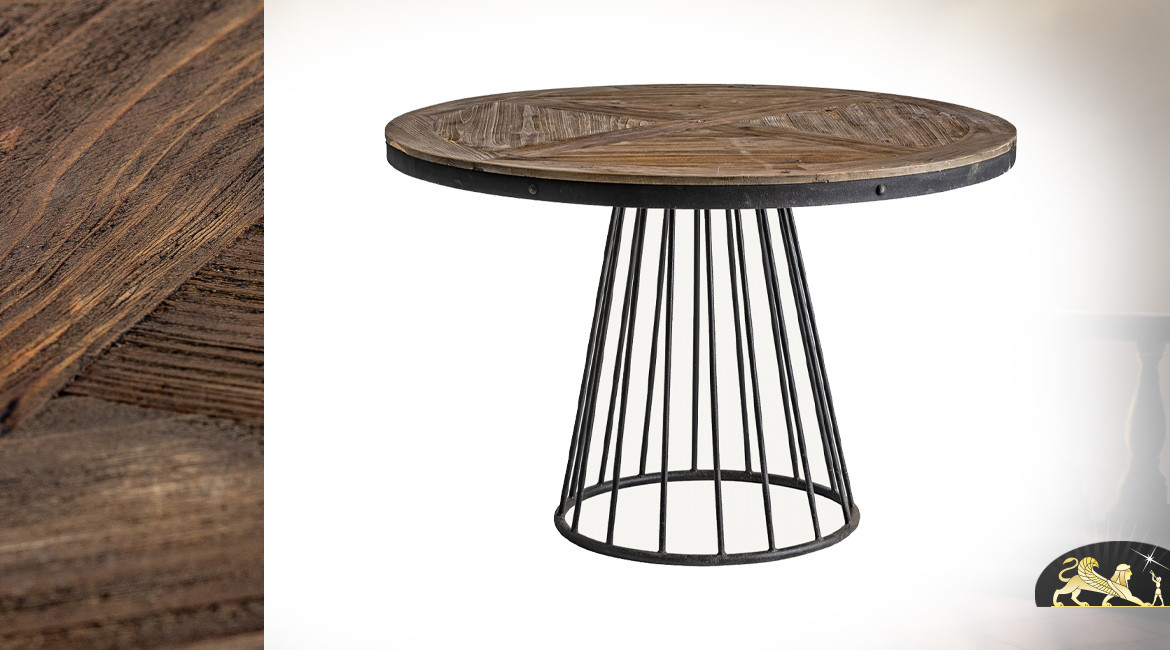 Table de style industriel en bois de pin vieilli et acier charbon noir, Ø120cm