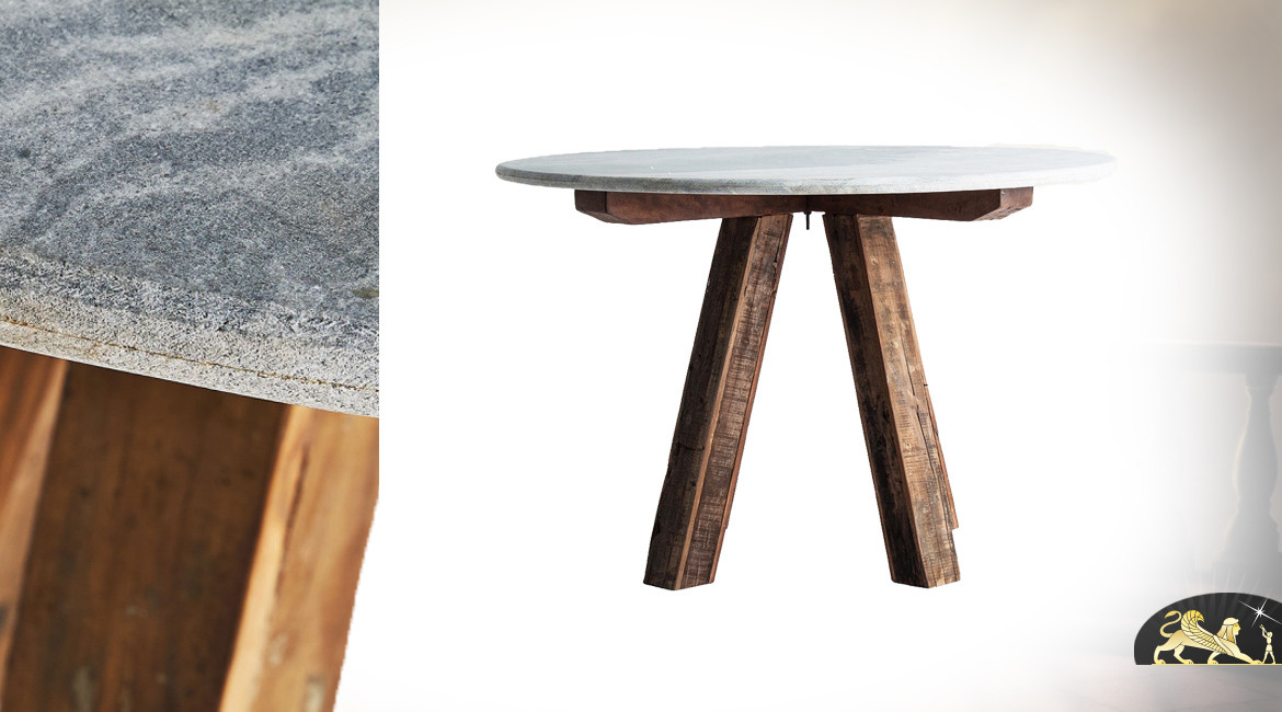 Table ronde en bois de manguier vieilli et marbre blanc veiné gris de style chalet, Ø120cm