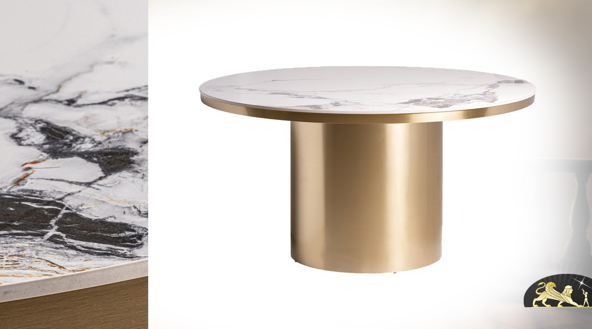 Table ronde en acier finition laiton doré et pierre blanche de style Art Déco, Ø150cm