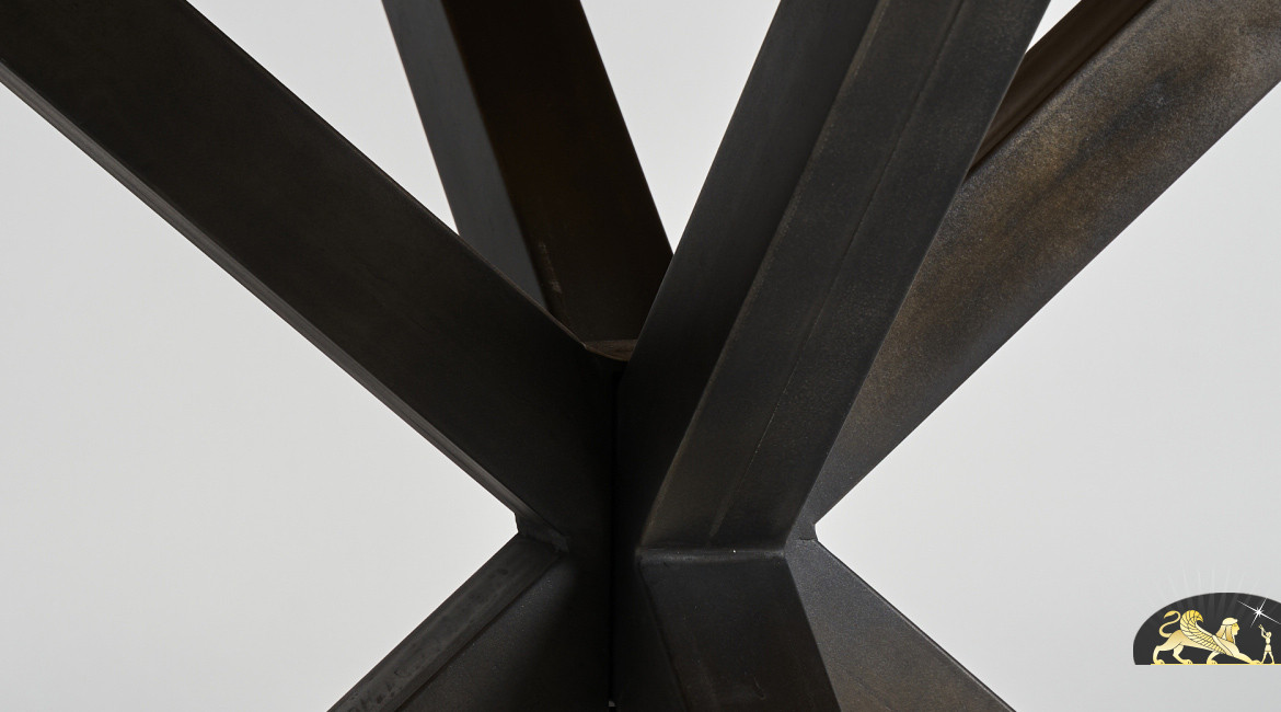 Table moderne en bois de manguier massif et pied croisé en acier noir, Ø130cm