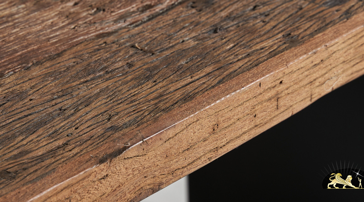 Table moderne en bois de Balau vieilli et pieds en acier finition charbon, 200cm