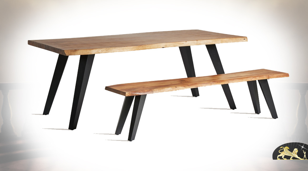 Table de salle à manger moderne en acacia massif finition ciré et pieds en acier noir, 200cm