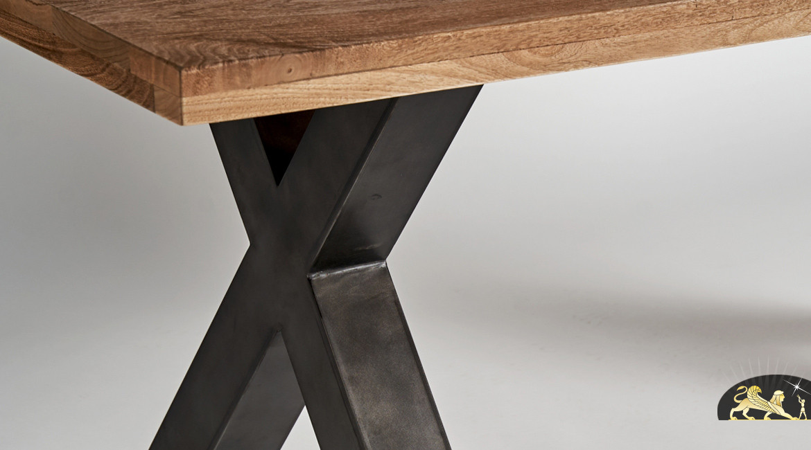 Grande table moderne en bois de manguier massif et pieds en croix finition charbon, 200cm