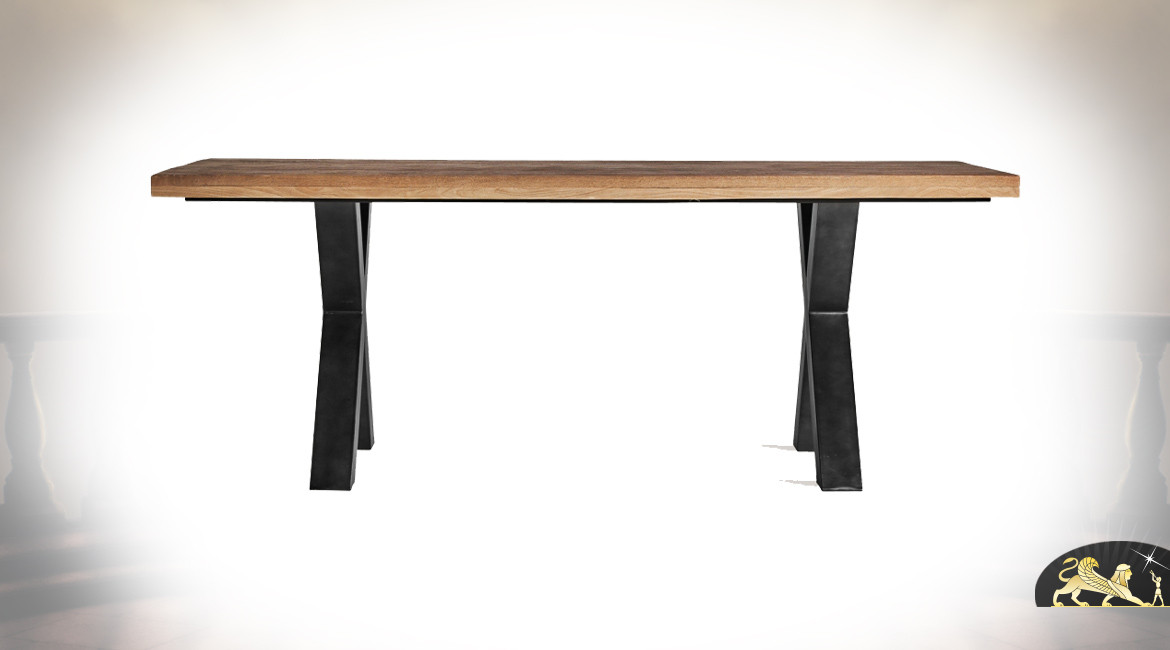 Grande table moderne en bois de manguier massif et pieds en croix finition charbon, 200cm