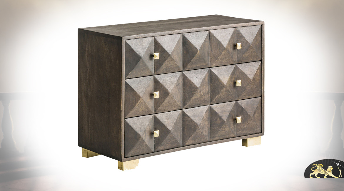 Commode contemporaine à 3 tiroirs en bois de manguier finition cigare, esprit géométrique, 91cm