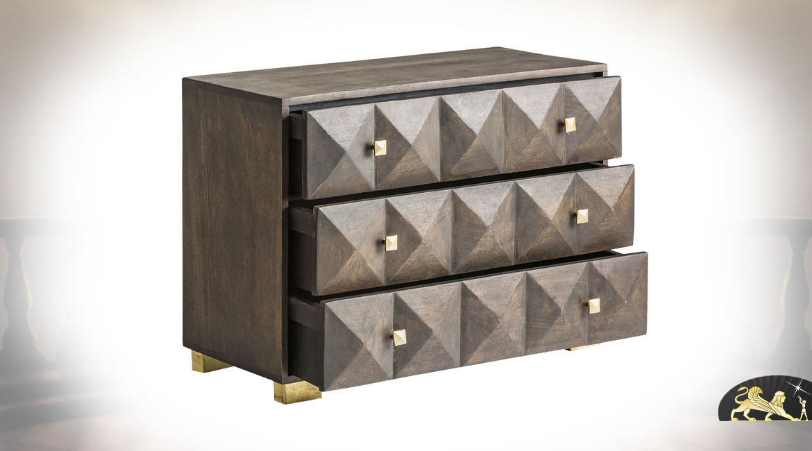 Commode contemporaine à 3 tiroirs en bois de manguier finition cigare, esprit géométrique, 91cm