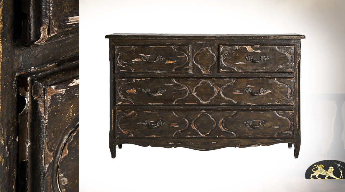 Commode 4 tiroirs en bois de manguier massif finition brun vieilli, style brocante, 137cm