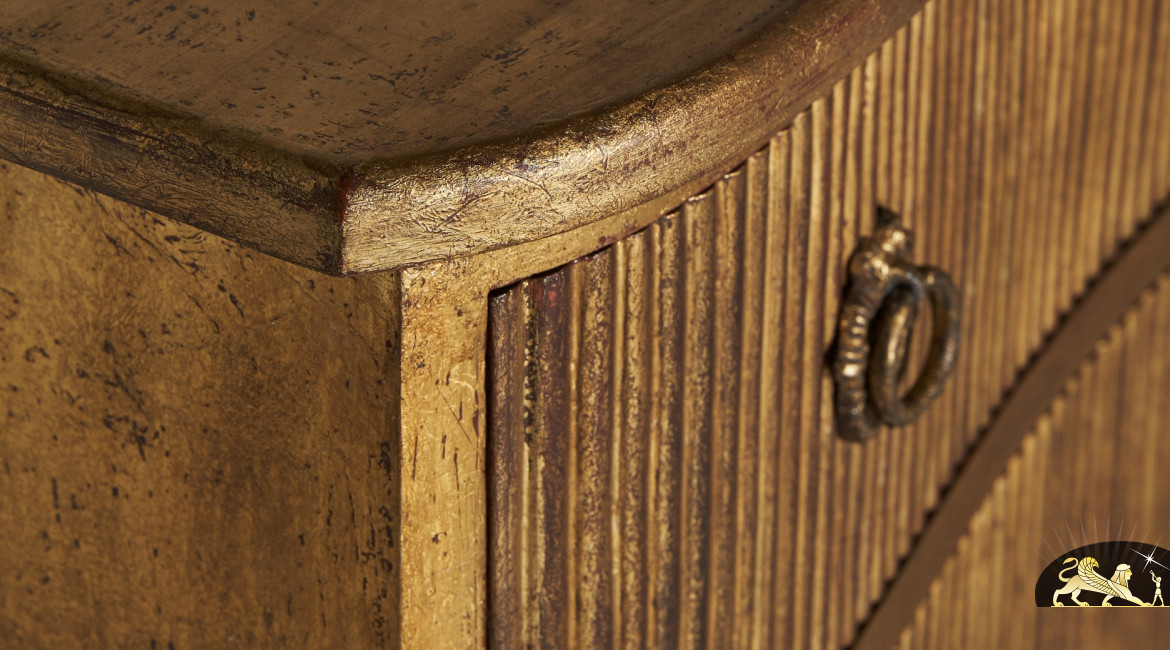 Commode à 3 tiroirs en manguier massif effet plissé finition doré ancien, 113cm