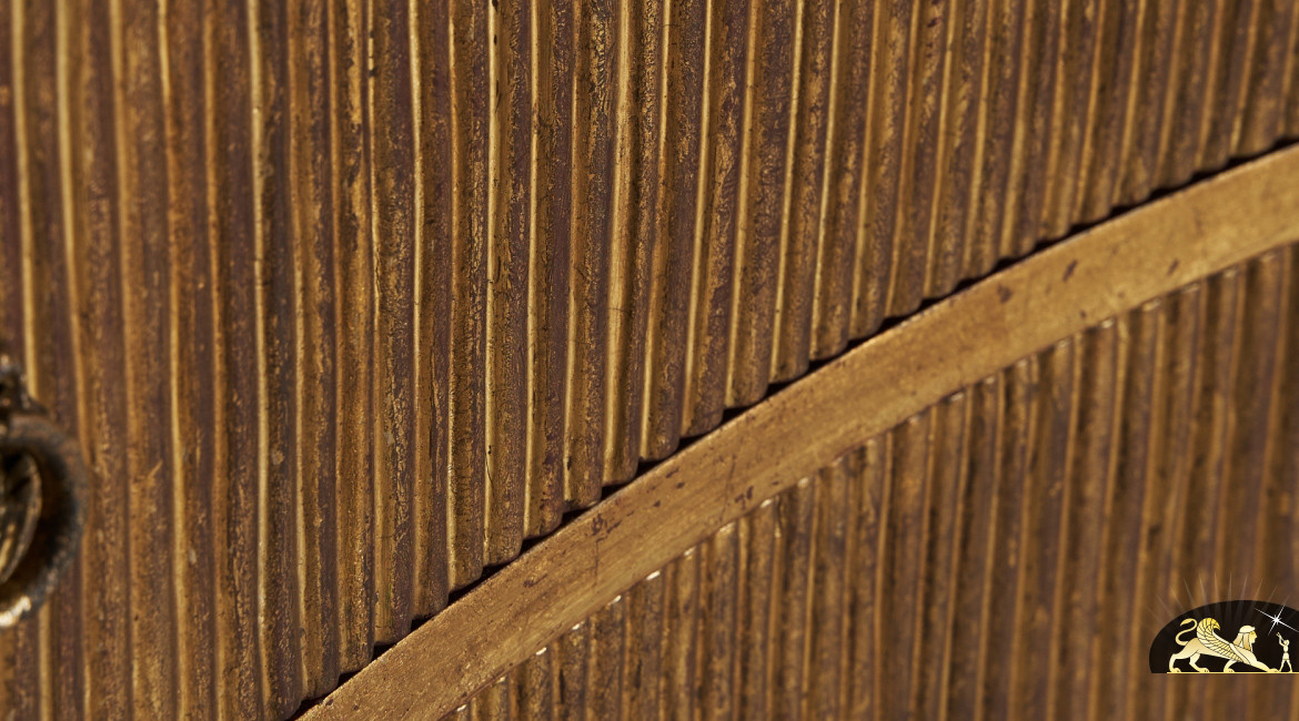 Commode à 3 tiroirs en manguier massif effet plissé finition doré ancien, 113cm