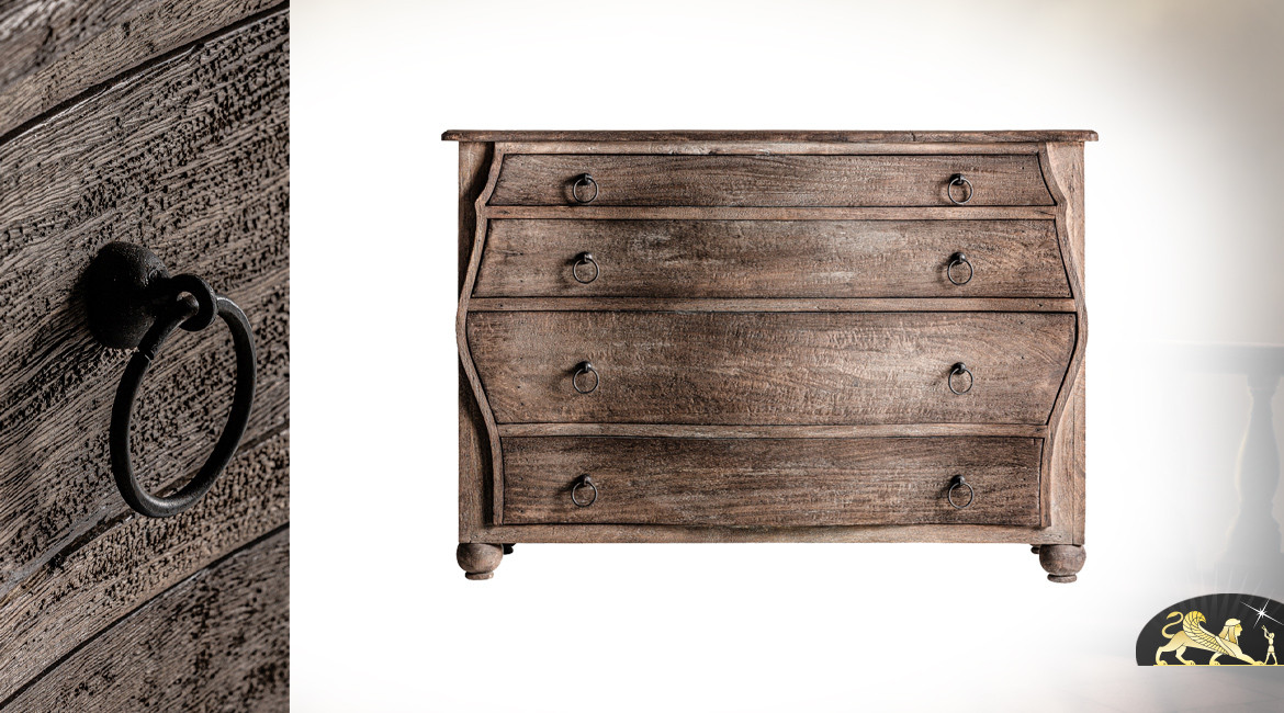 Commode rustique à 4 tiroirs en bois de manguier massif et métal, finition naturel, 131cm