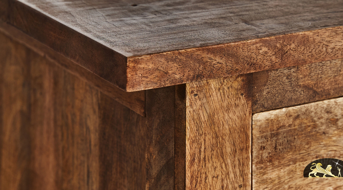 Grand bureau en bois de manguier massif à 9 tiroirs, finition naturel ciré, 180cm