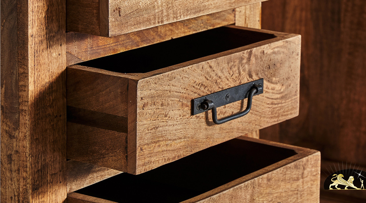 Grand bureau en bois de manguier massif à 9 tiroirs, finition naturel ciré, 180cm