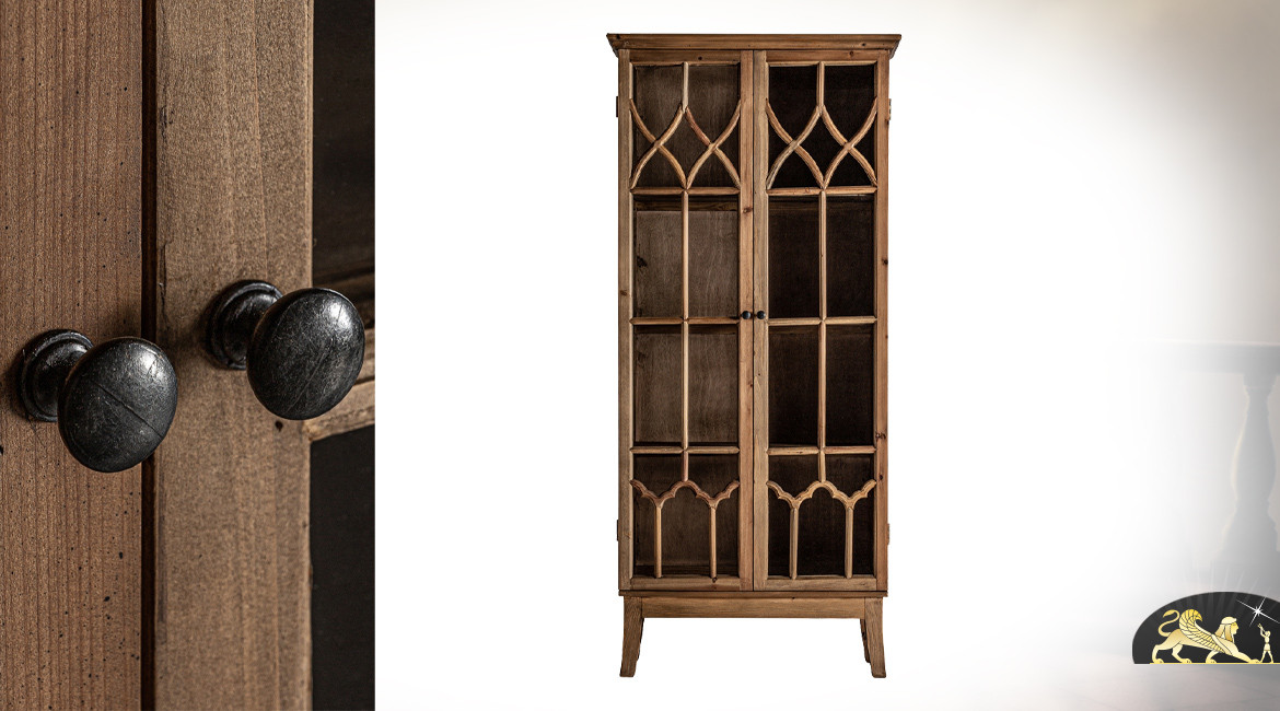 Vitrine en bois d'orme finition clair, 2 portes pour 4 niveaux, de style rustique chic, 178cm