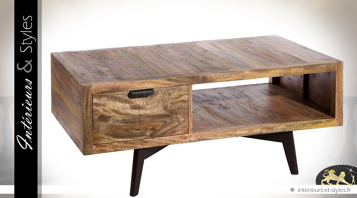 Table basse en manguier massif avec un tiroir style rétro