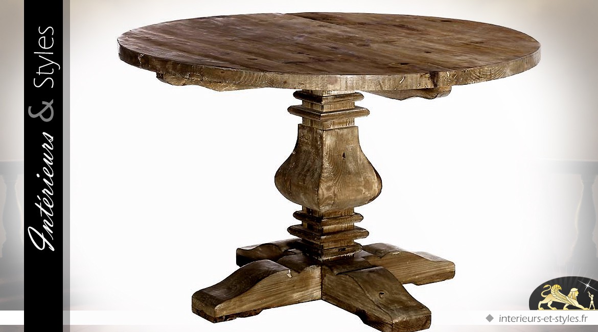 Table ronde en bois massif style rustique sur pied à colonne